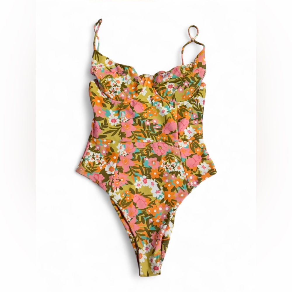 Skatie Olive Floral One-Piece Swimsuit with Pink & White Flowers